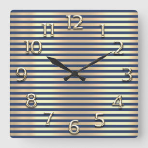 Champaigne Gold Arabic Numbers Blue Lines Stripes Square Wall Clock