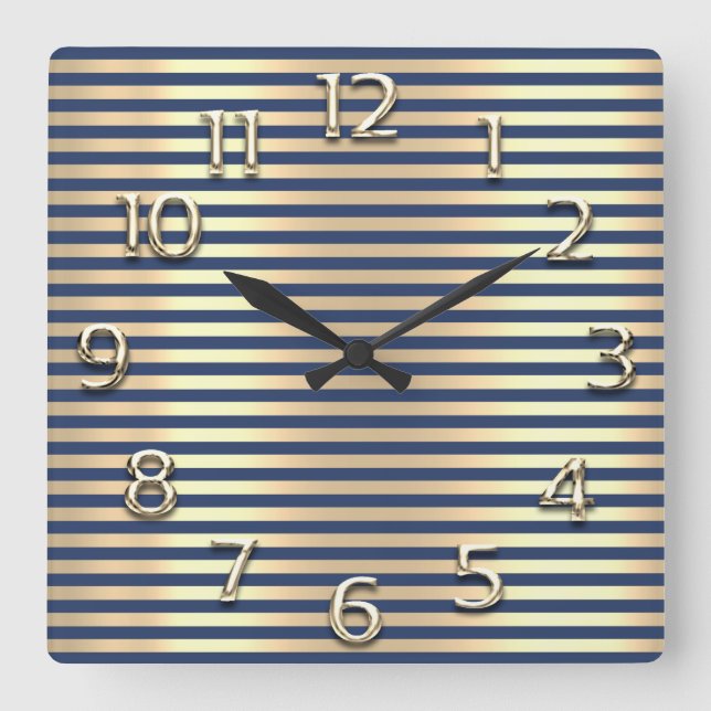 Champaigne Gold Arabic Numbers Blue Lines Stripes Square Wall Clock (Front)