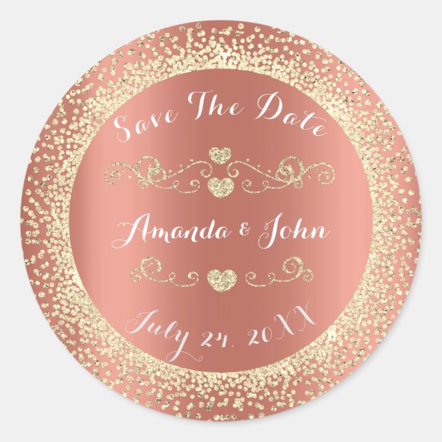 Champaigne Rose Gold Glitter Save the Date Hearts Classic Round Sticker (Front)
