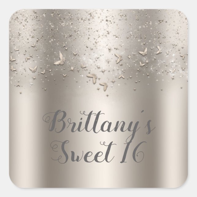 Champange Shimmer Flutter Butterfly Sweet 16 Party Square Sticker (Front)
