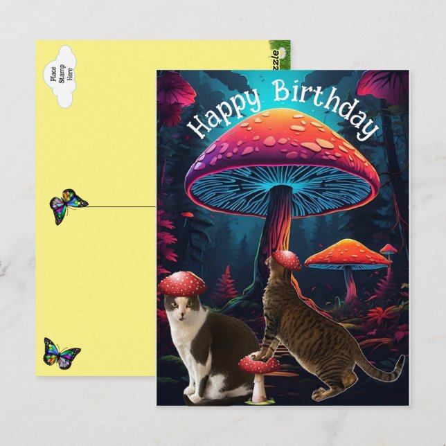Champignons et chats Carte postale Anniversaire (Devant / Derrière)