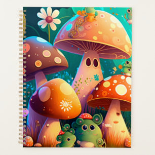 Champignons mignons et fleurs buissons vert