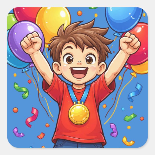 Champion Kid Celebration Balloons Confetti Square Sticker (Front)