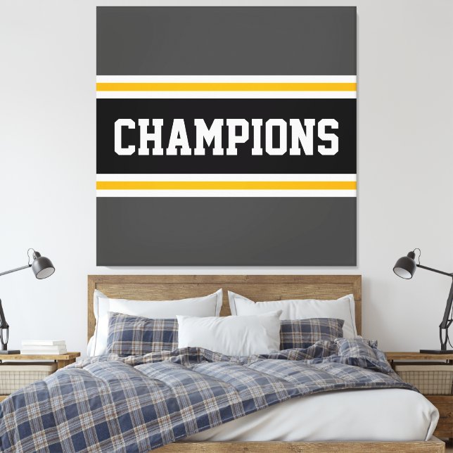 CHAMPIONS Athletic Grey Yellow Black White Stripes Canvas Print (Insitu(Bedroom))