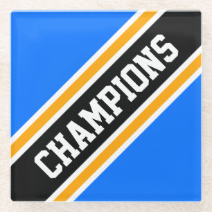 CHAMPIONS Black Bright Blue Yellow Slant Stripes Glass Coaster