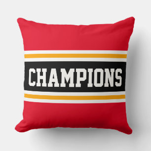 CHAMPIONS Bright Red Black Orange Athletic Stripes Throw Pillow