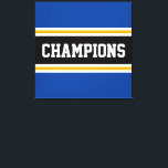 CHAMPIONS Fun Athletic Blue Orange Black Stripes Canvas Print<br><div class="desc">This colourful,  sporty design features athletic CHAMPIONS text inside a wide black horizontal centre stripe with adjoining golden yellow orange and white racing stripes against deep blue outer edge stripes. The colours and text in this design can be personalized.</div>