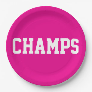 CHAMPS Fun Sporty White Text On Bright Hot Pink Paper Plate