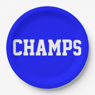 CHAMPS Fun Sporty White Text On Bright Royal Blue Paper Plate
