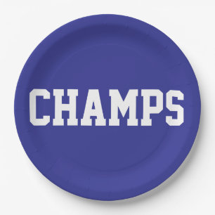CHAMPS Fun Sporty White Text On Deep Blue Paper Plate