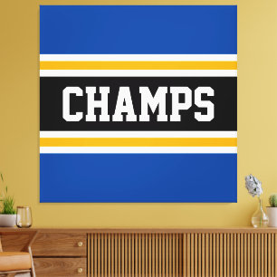 CHAMPS Sporty Blue Black White Yellow Stripes Canvas Print