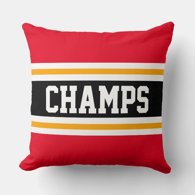 CHAMPS Sporty Bright Red Black Yellow Stripes Throw Pillow (Front)