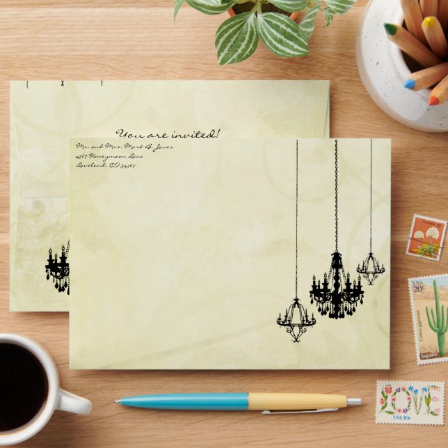 Chandelier Aged Swirl Damask Wedding Envelope (Desk)