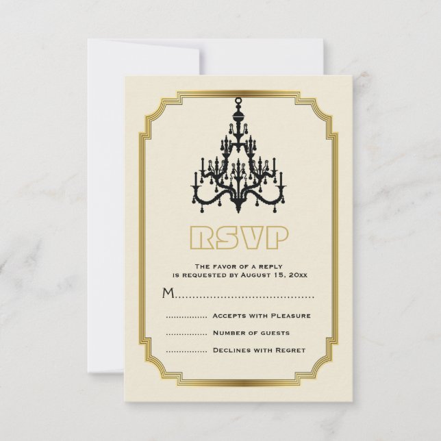 Chandelier and Art Deco border beige wedding RSVP (Front)