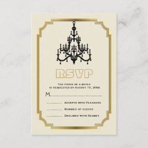 Chandelier and Art Deco border beige wedding RSVP Card