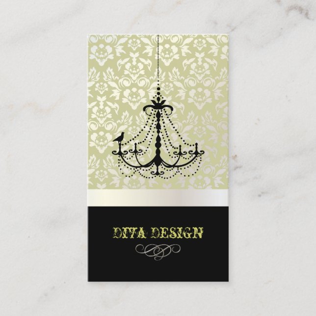 Chandelier + Baroque damask /pearl + celery Business Card (Front)
