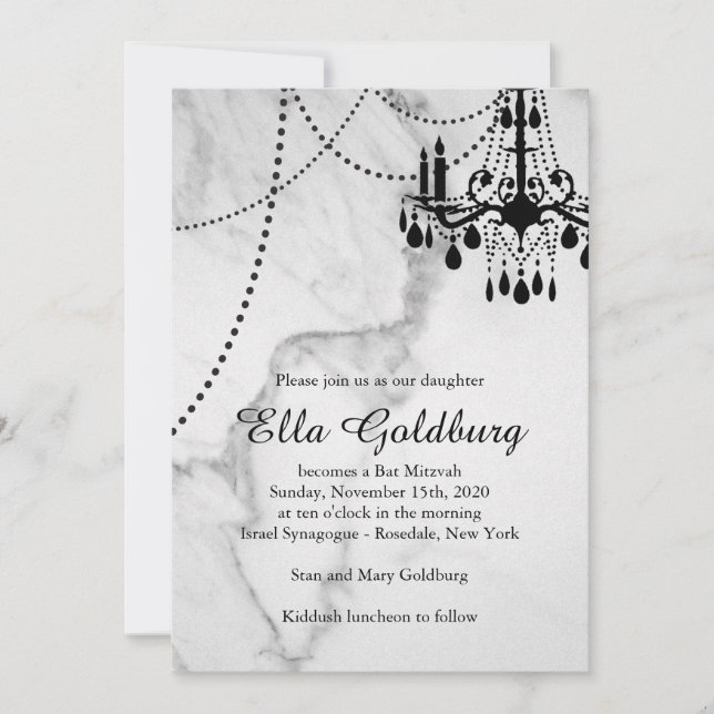 Chandelier Bat Mitzvah Invitation on Marble (Front)