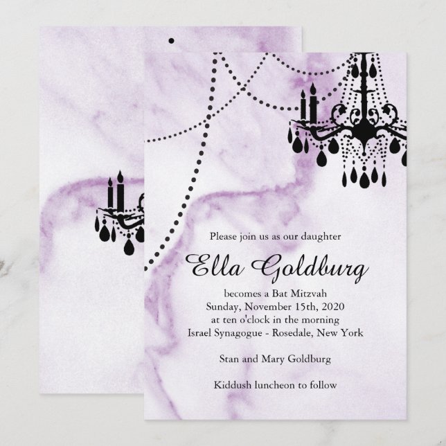 Chandelier Bat Mitzvah Invite on Purple Marble (Front/Back)