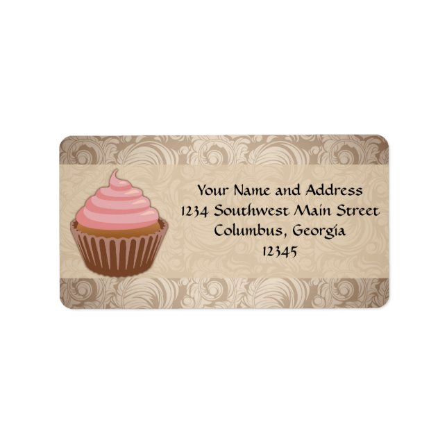Chandelier Frame Cupcake Pink and Brown Damask Label (Front)