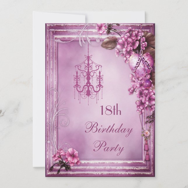Chandelier, Heart & Flowers 18th Birthday Party Invitation (Front)