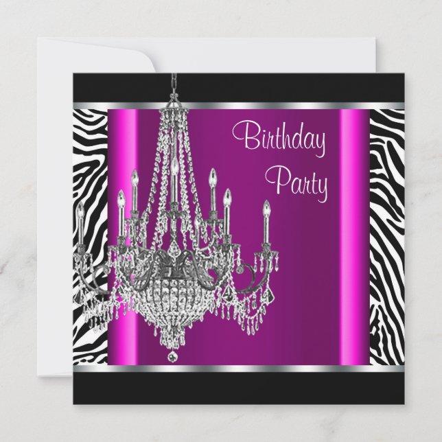 Chandelier Hot Pink Zebra Birthday Party Invitation (Front)
