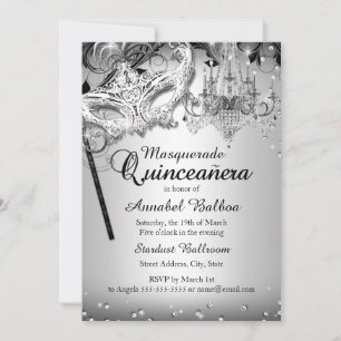 Chandelier Masquerade Silver Quinceanera Invite