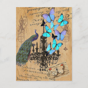 chandelier modern vintage peacock blue butterfly postcard