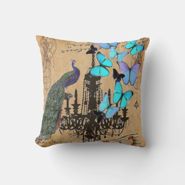 chandelier modern vintage peacock blue butterfly throw pillow (Front)