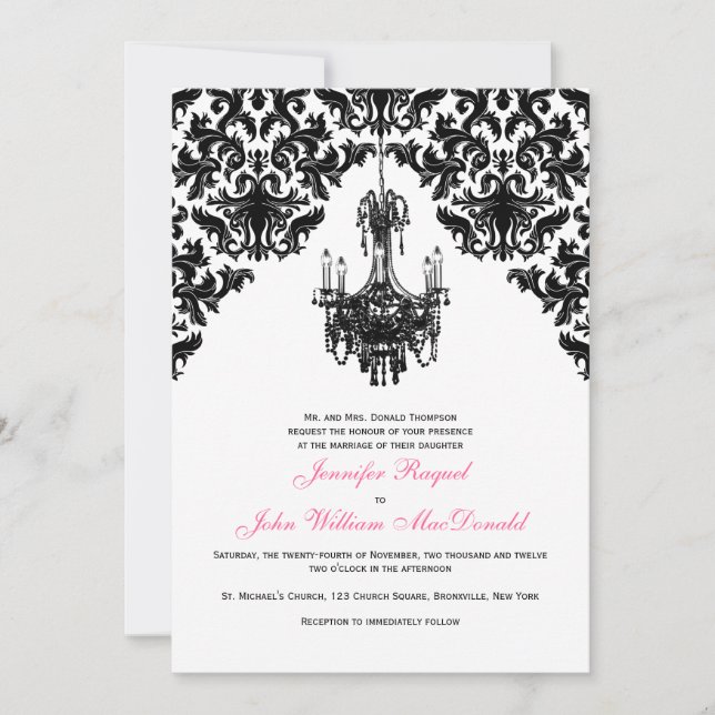 Chandelier noir blanc Damas Faire-part de mariage (Devant)
