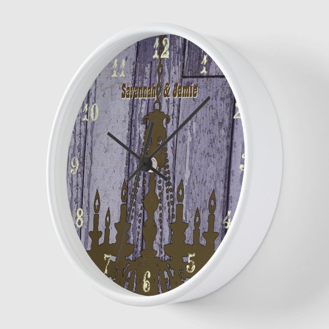 Chandelier Old Rustic Purple Wood Personalized Wall Clock (Angle)