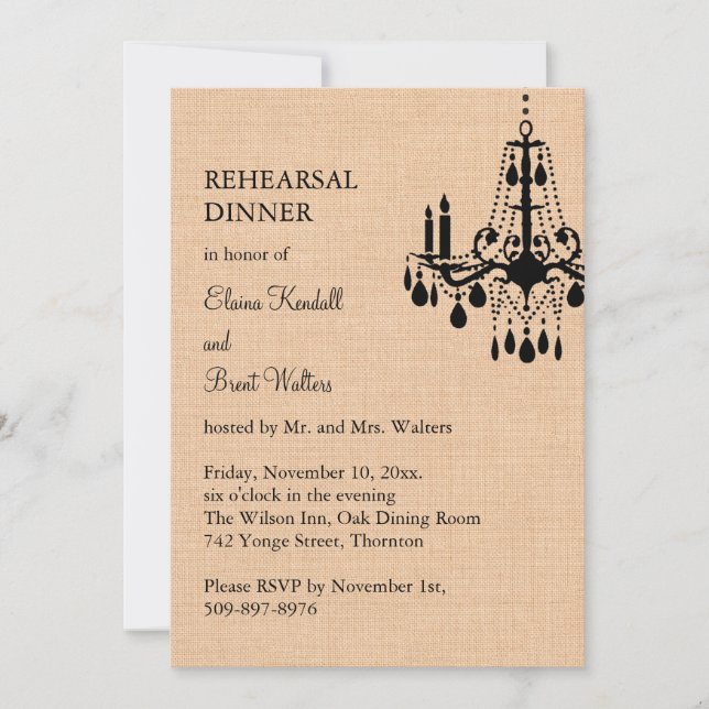 Chandelier on Burlap Rehearsal Dinner Invitation (Front)