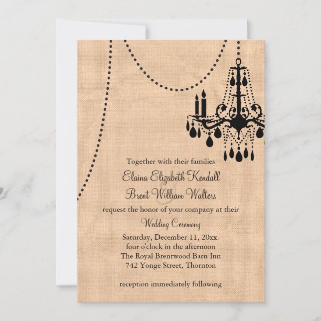 Chandelier  on Burlap Wedding Invitation (Front)