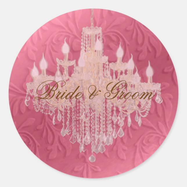 Chandelier on pink champagne/ baroque faux velvet classic round sticker (Front)