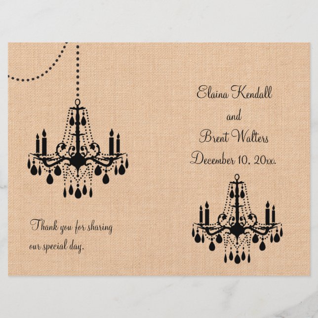 Chandelier sur le programme de mariage Burlap (Devant)