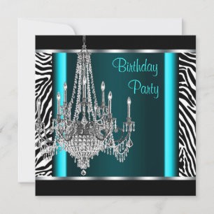 Chandelier Teal Blue Zebra Birthday Party Invitation