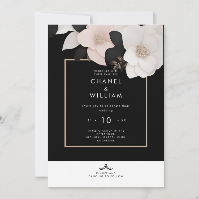 Chanel-inspired black floral wedding invitation (Front)