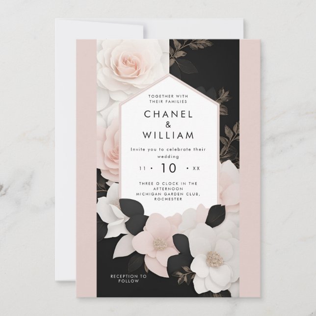 Chanel-inspired blush pink floral wedding invitation (Front)