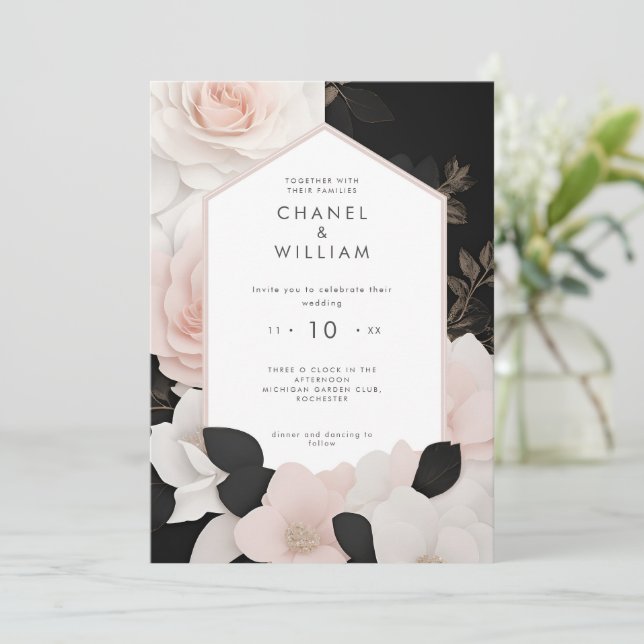 Chanel-inspired blush pink floral wedding invitation (Standing Front)