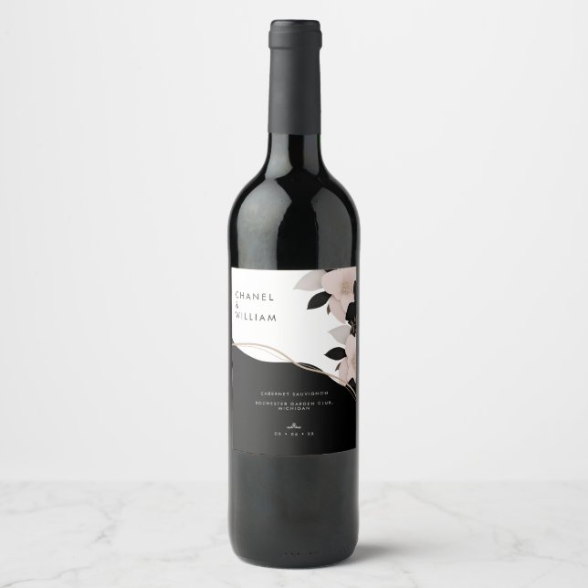 Chanel-inspired floral personalized wedding wine label (Front)