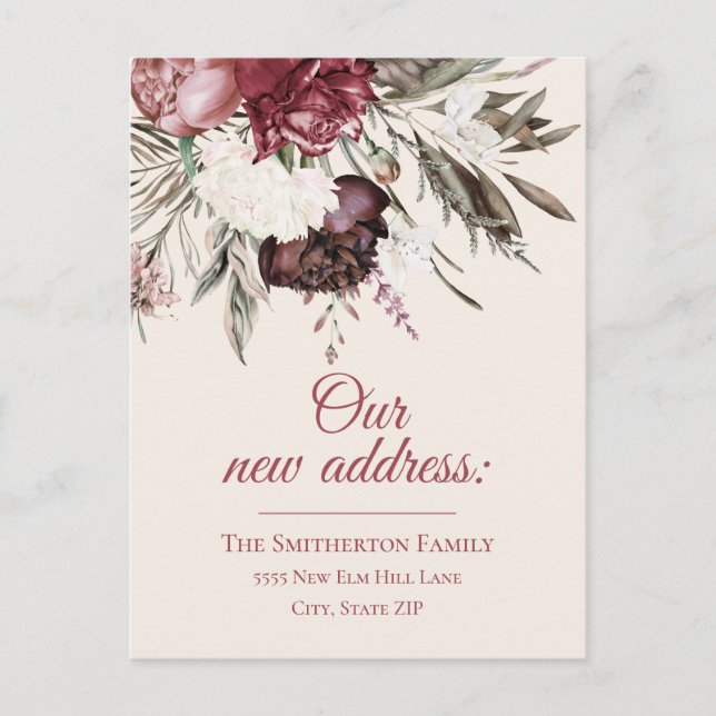 Change Address Burgundy Ivory Floral Cream Postcard (Front)