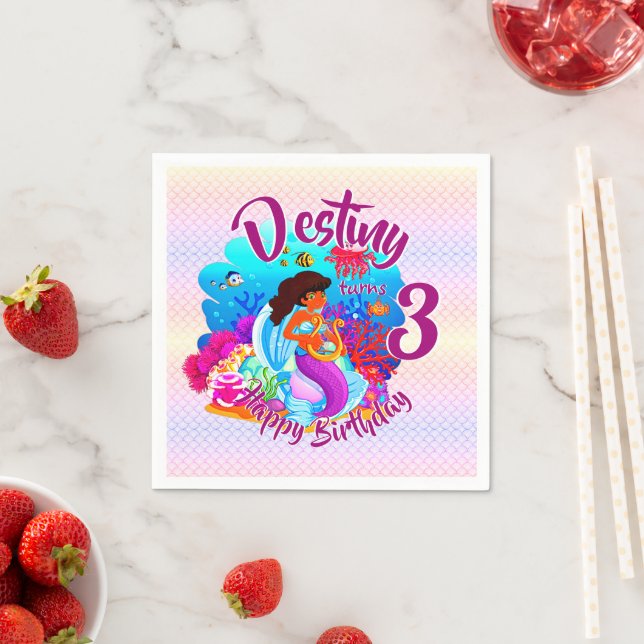 Change Age Name Mermaid Birthday Party Personalize Napkin (Insitu)