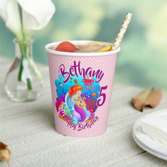 Change Age Name Mermaid Birthday Party Personalize Paper Cups (Insitu)