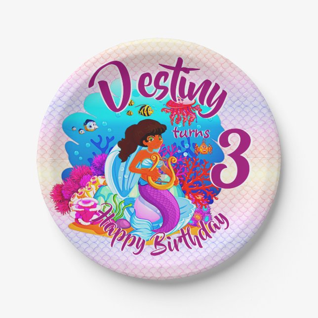 Change Age Name Mermaid Birthday Party Personalize Paper Plate (Front)