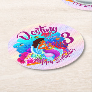 Change Age Name Mermaid Birthday Party Personalize Round Paper Coaster