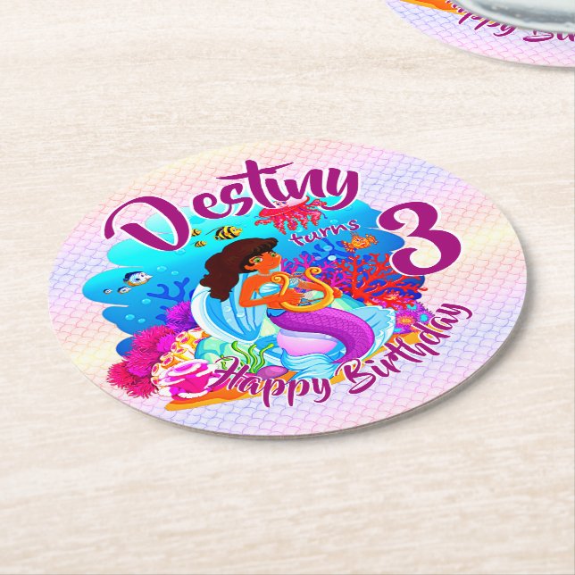 Change Age Name Mermaid Birthday Party Personalize Round Paper Coaster (Angled)