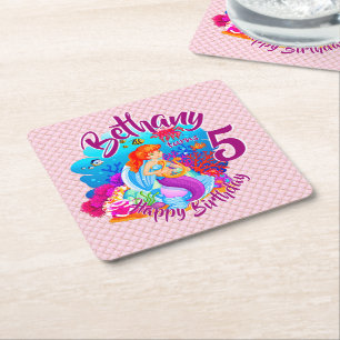 Change Age Name Mermaid Birthday Party Personalize Square Paper Coaster