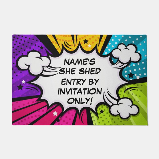Change ALL Text Add Name She Shed Comic Pop Style  Doormat (Front)