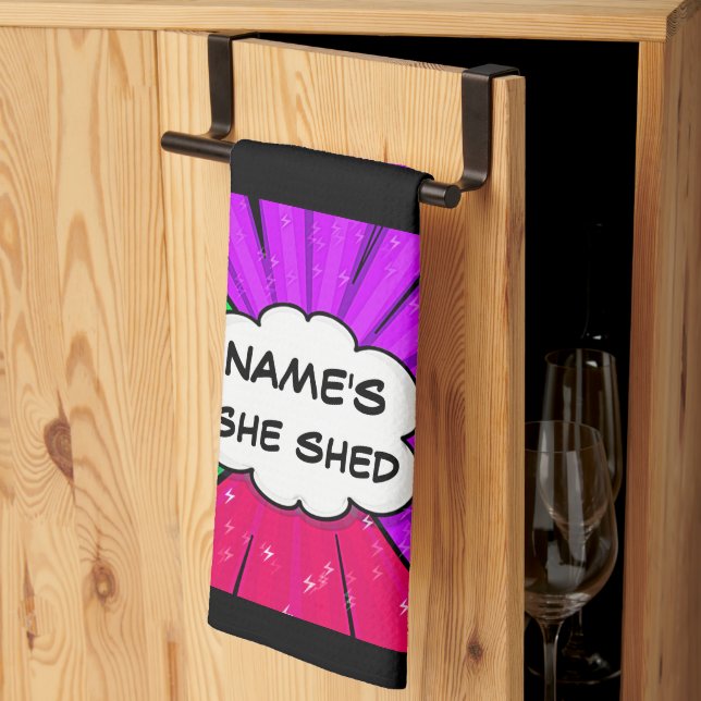 Change ALL Text Add Name She Shed Comic Pop Style Kitchen Towel (Thirds Fold)
