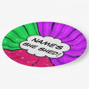 Change ALL Text Add Name She Shed Comic Style Paper Plate
