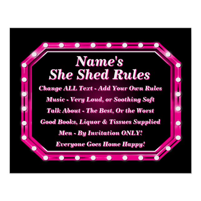 Change ALL Text Add Name She Shed Rules Pink Light Poster (Front)